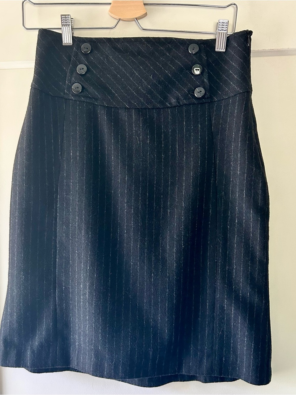 Mango Black Pinstripe Pencil Skirt with Button Waist